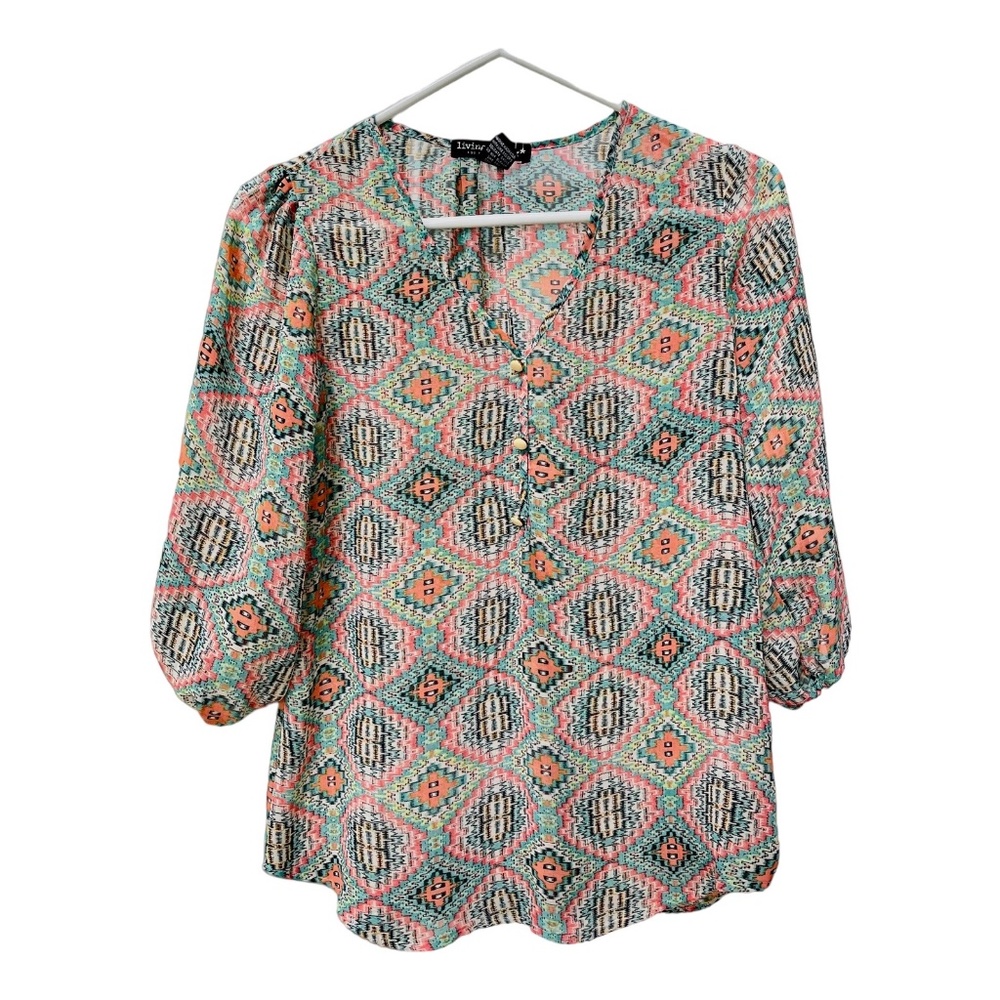 Living Doll Casual Aztec Print Chiffon Blouse Size XS Women's